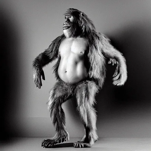 Prompt: Bigfoot taking off his costume after a long day at work, blurry, black and white