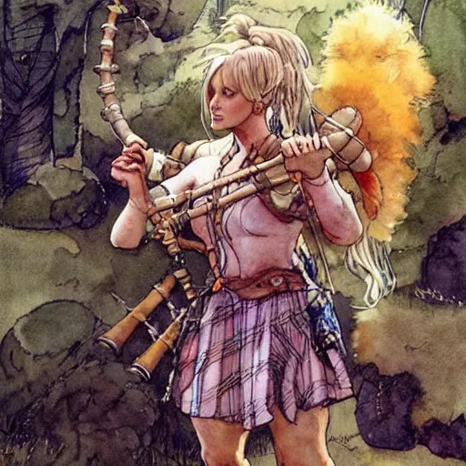 Image similar to a realistic and atmospheric watercolour fantasy concept art of britney spears dressed with scottish clothes and with bagpipe, muted colors. by rebecca guay, michael kaluta, charles vess and jean moebius giraud,