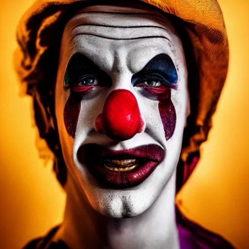 Image similar to stunning beautiful portrait photography of a medieval clown from national geographic magazine award winning, dramatic lighting, taken with Sony alpha 9, sigma art lens, medium-shot