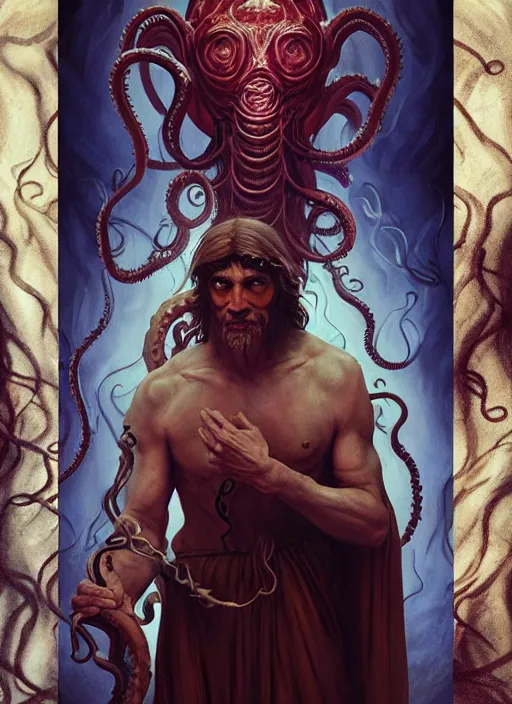 Prompt: modern movie poster of a shaven ancient greek warlock with magic lovecraftian tentacles in the background, dungeons and dragons artwork, dramatic lighting, digital painting, masterpiece, by leonardo da vinci, raphael, artgerm, greg rutkowski, vibrant colors