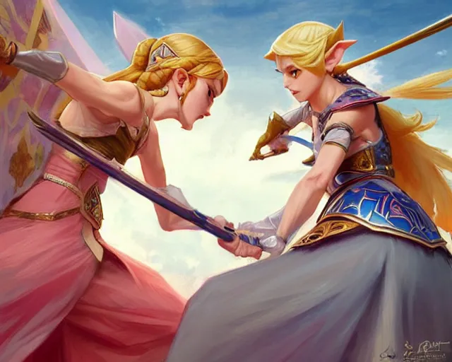 Image similar to princess zelda fighting princess princess peach, action scene, elegant, highly detailed, digital painting, artstation, concept art, matte, sharp focus, illustration, art by artgerm and greg rutkowski and alphonse mucha