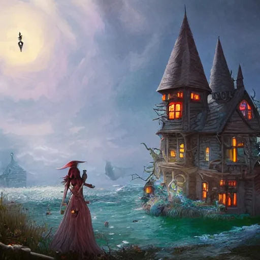 Prompt: a scary witch in front of a witch house which is made out of candy, floating on the ocean, epic scene, fantasy, cinematic, hyper - detailed, in the style of greg rutkowski