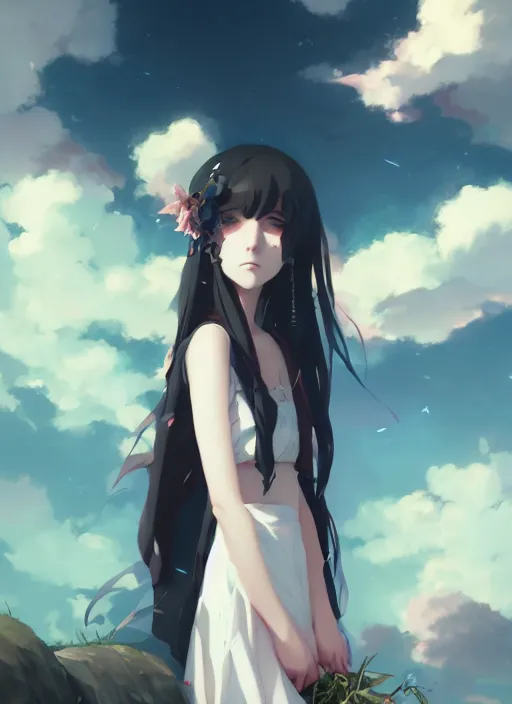 Image similar to portrait of cute goth girl, cloudy sky background lush landscape illustration concept art anime key visual trending pixiv fanbox by wlop and greg rutkowski and makoto shinkai and studio ghibli