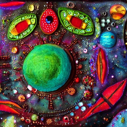 Image similar to alien with jewels for eyes, on exotic dreamy planet, highly detailed, felt, mixed media collage