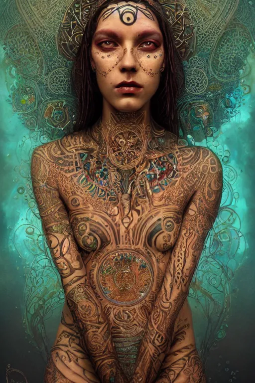 Image similar to a centered render of an mytical festival hippy with tribal tattoos wearing intricate metallic clothing surrounded by a underwater ink pour and flowing liquid gallium and sacred geometry, perfect body and face, gorgeous, cinematic, beautifully lit, by tom bagshaw, by karol bak, by donato giancola, 3 d, trending on artstation, octane render, 8 k