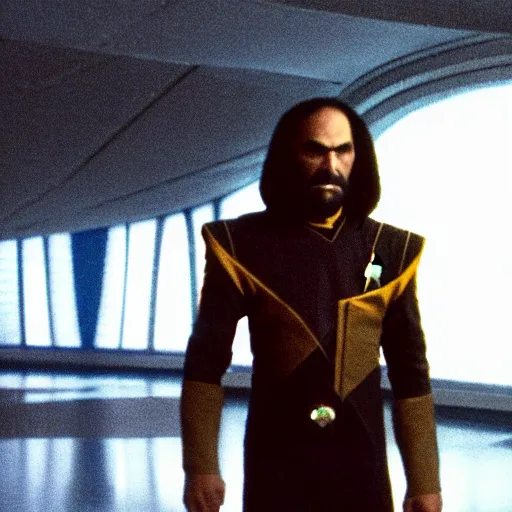 Image similar to a Klingon standing in a Star Trek Federation hallway,