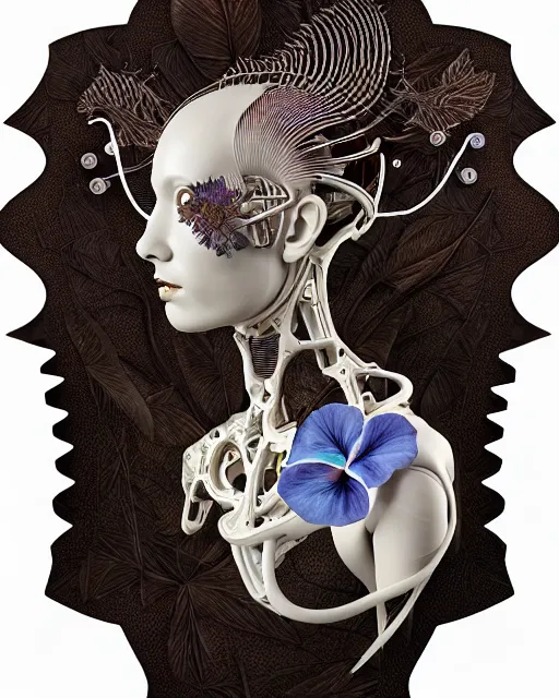 Prompt: biomechanical female cyborg with a porcelain profile face, analog, big leaves foliage and stems, morning glory flowers, hibiscus flowers, boho floral vines, hexagonal mesh fine wire, sinuous fine roots, alexander mcqueen, art nouveau fashion embroidered, steampunk, mandelbrot fractal, picture taken in 1 9 3 0