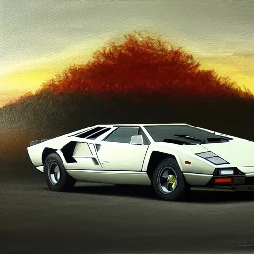 Prompt: A beautiful oil painting of a Lamborghini Countach, volumetric lighting, photorealistic, highly detailed.
