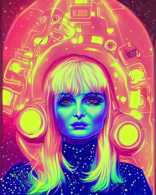 Image similar to a highly detailed and accurate pulp portrait of kim petras in space, 1 9 7 0 s, space station, neon light, delicate embellishments, woman art, painterly, offset printing technique