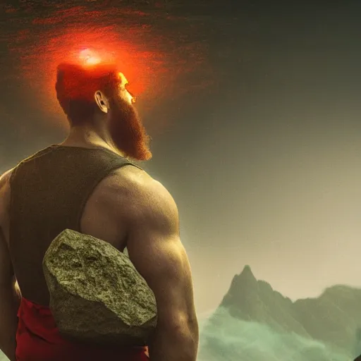 Image similar to a man holding a boulder over his head, backlit, fantasy art, bulging veins, long beard, red hair, mountains in the background