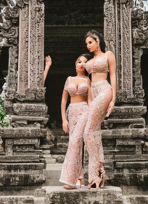 Image similar to portrait of lindsey pelas and demi rose wearing kebaya in bali temple, by charlotte grimm, natural light, detailed face, beautiful features, symmetrical, canon eos c 3 0 0, ƒ 1. 8, 3 5 mm, 8 k, medium - format print, half body shot