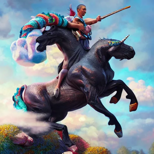 Image similar to obama riding on a unicorn, au naturel, hyper detailed, digital art, trending in artstation, cinematic lighting, studio quality, smooth render, unreal engine 5 rendered, octane rendered, art style by klimt and nixeu and ian sprigger and wlop and krenz cushart.