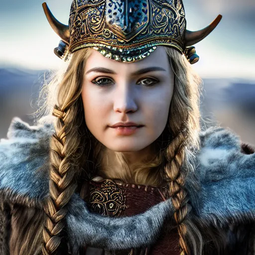 Prompt: beautiful Viking queen with ornate cloak, highly detailed, 4k, HDR, smooth, sharp focus, photo-realistic, high resolution, award-winning, macro 20mm, headshot