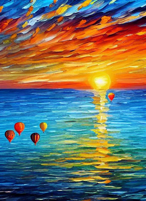 Prompt: beautiful hot air balloons over the ocean at sunset in the style of leonid afremov