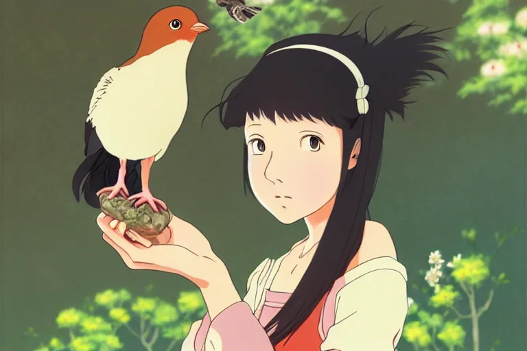 Image similar to young pretty girl holding a bird in her hands, looking touched, Fragile looking character portrait , beautiful scene; highly detailed art, by Studio Ghibli , High contrast, anime art