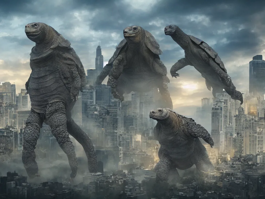 Image similar to Giant Tortoise Kaiju towering over a city as people run away, photo realistic, movie still, 4k, 8k, action film