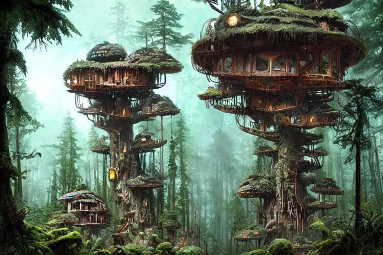 Prompt: lichenpunk treehouse village on endor, hyper detailed, by alejandro burdisio,