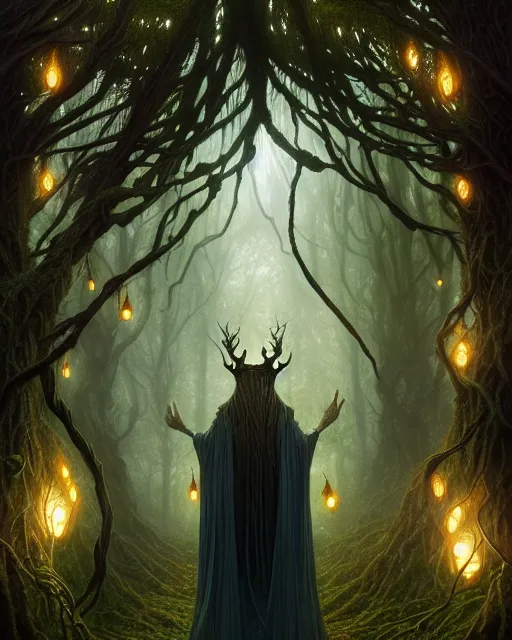 Image similar to symmetry portrait of moss king of ent of fangorn forest, glam, fae, fireflies, forest background, intricate, elegant, highly detailed, digital painting, artstation, concept art, smooth, sharp focus, illustration, darkness, art by artgerm and greg rutkowski and fra angelico and alphons mucha