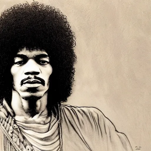 Image similar to artwork by Franklin Booth showing a portrait of Jimi Hendrix