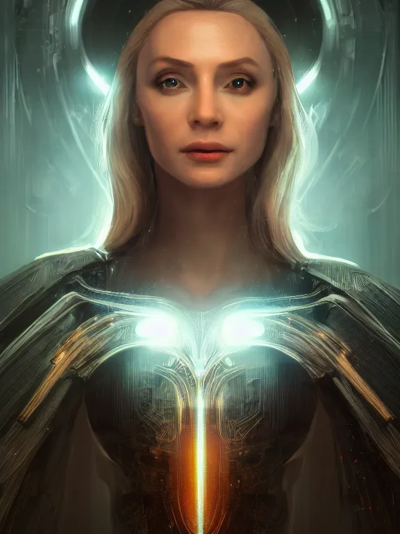 Prompt: portrait art of 8k ultra realistic retro futuristic Galadriel, lens flare, atmosphere, glow, detailed,intricate,blade runner, cybernetic, full of colour, cinematic lighting, trending on artstation, 4k, hyperrealistic, focused, extreme details,unreal engine 5, cinematic, masterpiece, art by ayami kojima, giger