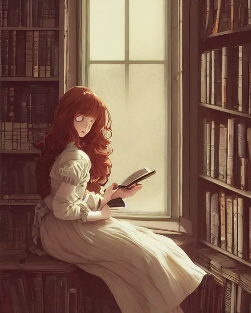 Image similar to a portrait of a victorian maid with long, flowing, auburn hair, detailed face, large eyes, happy, maid outfit, standing in a victorian reading room, window, short bookshelf, holding a stack of books, vivid colors, soft lighting, atmospheric, cinematic, moody, in the style of Ilya Kuvshinov and Range Murata, Krenz Cushart, oil on canvas, anime, 8K