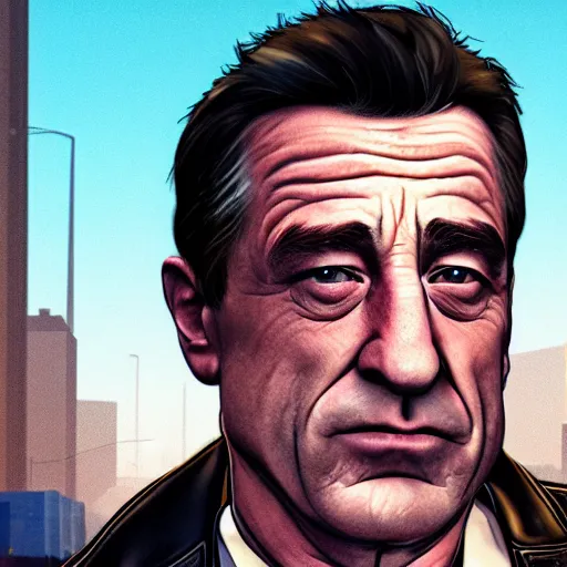 Prompt: robert deniro as a grand theft auto 5 character, cover game art