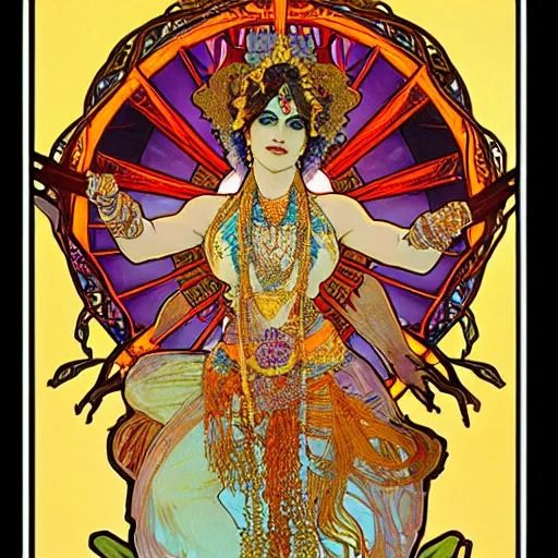 Image similar to hindu goddess of firespinning, by alphonse mucha, burning man, intricate