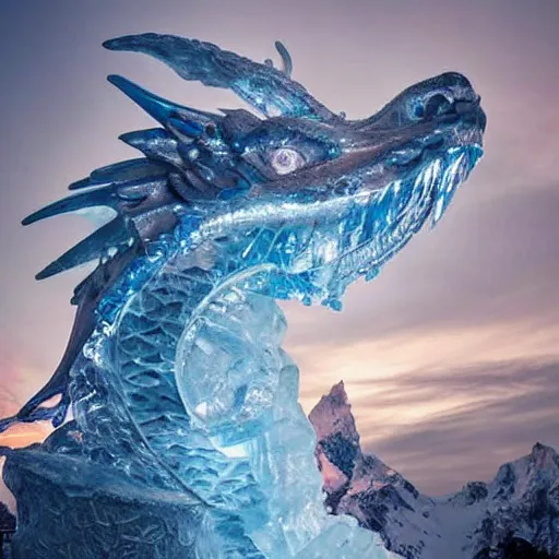 Image similar to a majestic dragon made of ice, ice sculpture, detailed fantasy photography