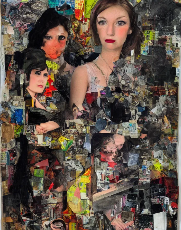 Prompt: me and femme fatale looking at me embraced detailed chaotic analogue dada collage with deep texture in style of conteporary art, photorealistic, expressionism, masterpiece, balanced composition, wide range of colors, spectacular quality, intricate oil details