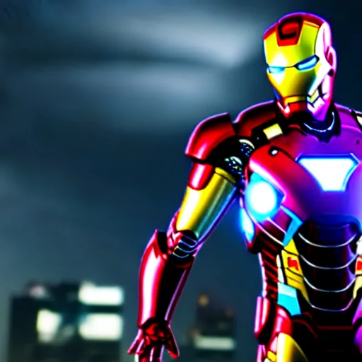 Image similar to photorealistic, hyperdetailed portrait of tony stark wearing a fully chrome iron man suit, night, city, rain, dense fog, hd, 8 k resolution, unreal engine 5