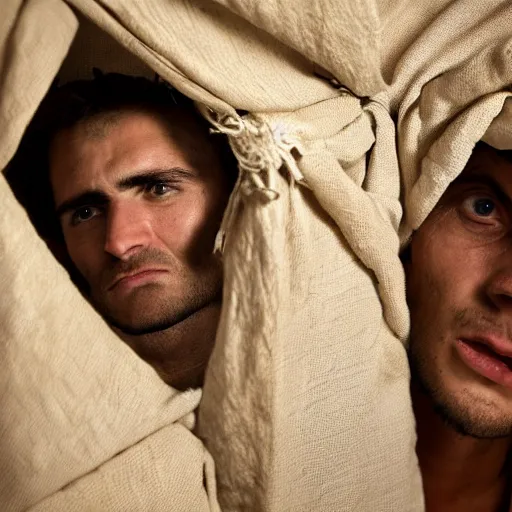 Image similar to Photograph of Surprised 25 year old man with Mediterranean features in ancient Canaanite clothing wakes up in bed, shocked looking at his sleeping wife. Interior ancient tent. 40mm lens, shallow depth of field, split lighting