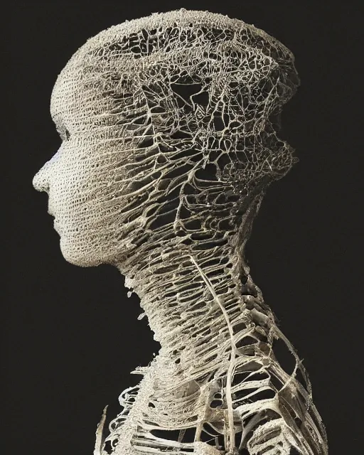 Image similar to a woman's face in profile, wearing a space helmet made of intricate delicate seaweed skeleton, in the style of the dutch masters and gregory crewdson, dark and moody