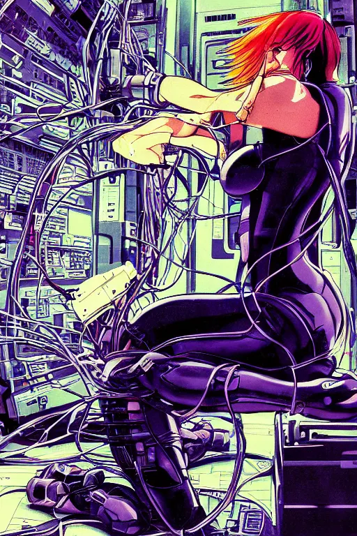 Image similar to hypedetailed cyberpunk illustration of motoko kusanagi kneeling on the floor in a tech lab, with a mess of wires and cables coming out of her head and backside, by masamune shirow and katsuhiro otomo, colorful, complex, back view