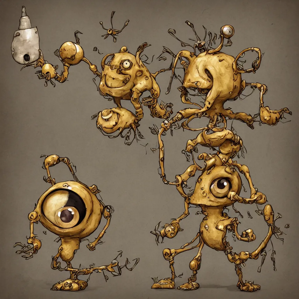 Image similar to , grotesque despair cute monster smooth paneling, one large gold eye intricate detail, style of pokemon, with damaged rusty arms, broken antenna, recycled, floating, white studio, oil, mechanical, toy, ambient light, in the style of pixar animation, pokedstudios, blender, octane render, 8 k, gediminas pranckevicius