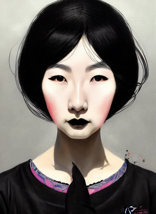 Image similar to portrait of a japanese woman with a crooked nose and a confident expression, 1 9 6 0 s, black clothes, goth, punk, brightly coloured hair, funk, intricate, elegant, highly detailed, digital painting, artstation, concept art, smooth, sharp focus, illustration, art by wlop, mars ravelo and greg rutkowski