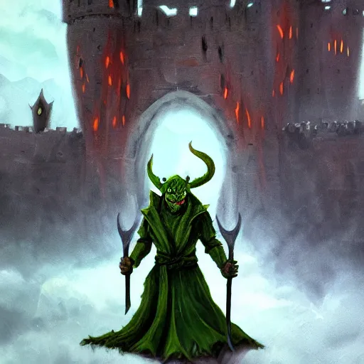 Prompt: goblin wizard, oil painting, dramatic, robed warrior, green orc with horns, castle in background, stone brick background, ultra realistic, artstation award, fantasy, concept art, powerful pose
