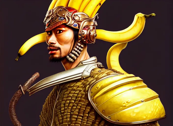 Image similar to a anthropomorphic banana wearing samurai armor, banana, diffuse lighting, fantasy, intricate, elegant, highly detailed, lifelike, photorealistic, digital painting, artstation, illustration, concept art, smooth, sharp focus, art by frank frazetta and marco bucci and loish and rossdraws and artgerm and alphonse mucha