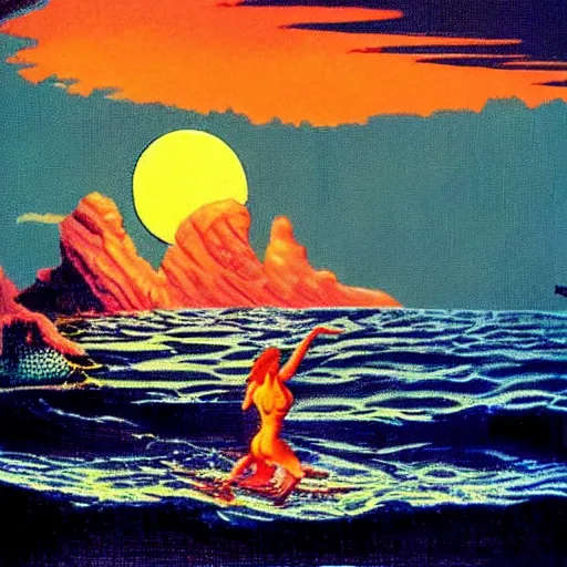 Prompt: a swim in the sea at night, synth wave, retro wave, Angus McKie