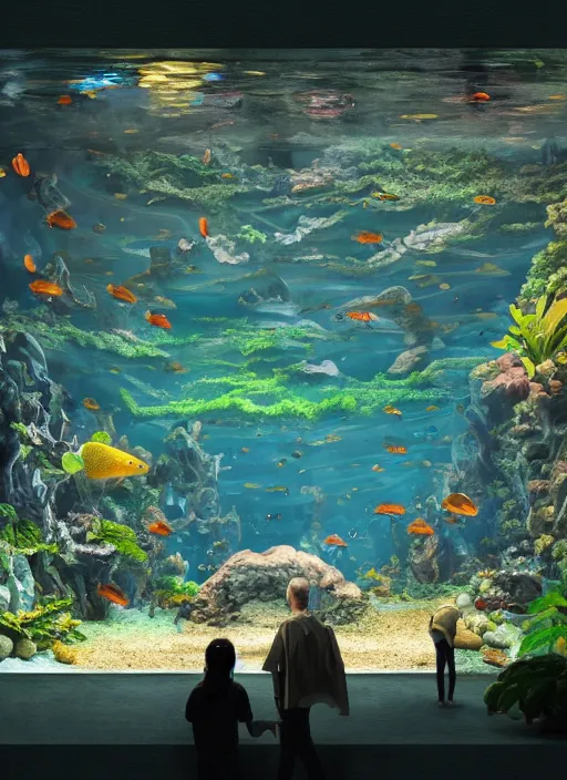 Image similar to people observing lots of beautiful fish in an underground aquarium corridor, in the style of frank neidhardt, fantasy art, ray tracing, water droplets, highly detailed, artstation trend, highly detailed and intricate, sharp focus, photography, unreal engine 5