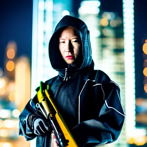 Image similar to photographic portrait of a techwear woman holding a shotgun, holding shotgun down, closeup, on the rooftop of a futuristic city at night, sigma 85mm f/1.4, 4k, depth of field, high resolution, full color, award winning photography, inspired by Kill Bill, inspired by John Wick, inspired by Die Hard, movies with guns, movie firearms