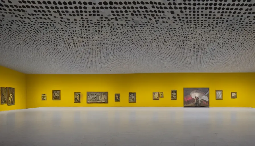 Image similar to 60s movie still of a sovietic stalinist style empty art museum with a soviet congress with yellow wall, technicolor, liminal Space style, heavy grain