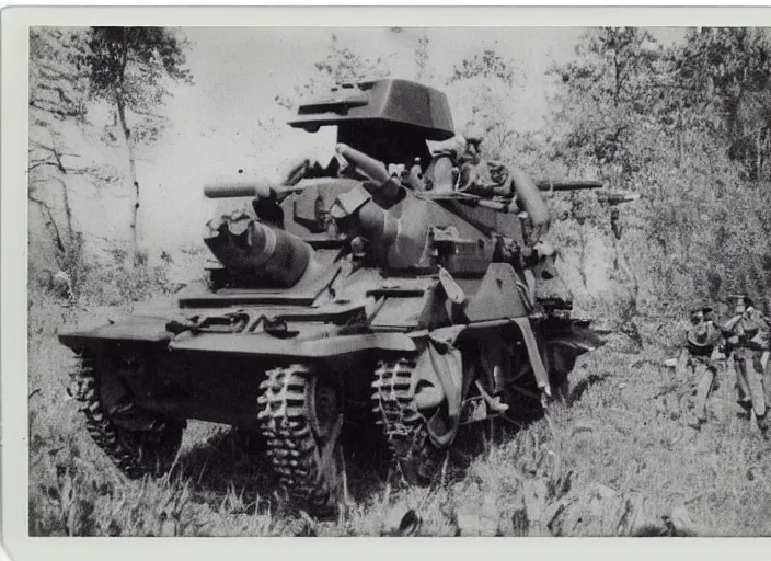 Image similar to found polaroid picture of a world war two crawling mech war machine and german soldiers