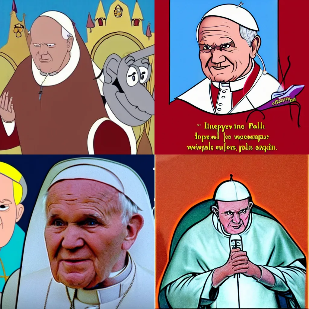 Prompt: Pope John Paul II is the scariest Disney villain, Disney classic hand drawn animation, cartoon