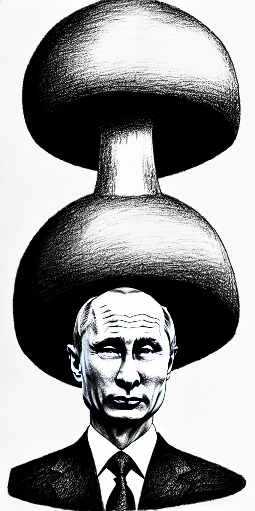 Image similar to vladimir putin with a nuclear mushroom cloud hat, cartoonish, ultra detailed pencil drawing