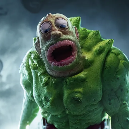 Image similar to pickle rick as superman! in gears of war, splash art, movie still, detailed face, photorealistic facial features, cinematic lighting, dramatic, octane render, long lens, shallow depth of field, bokeh, anamorphic lens flare, 8 k, hyper detailed, 3 5 mm film grain