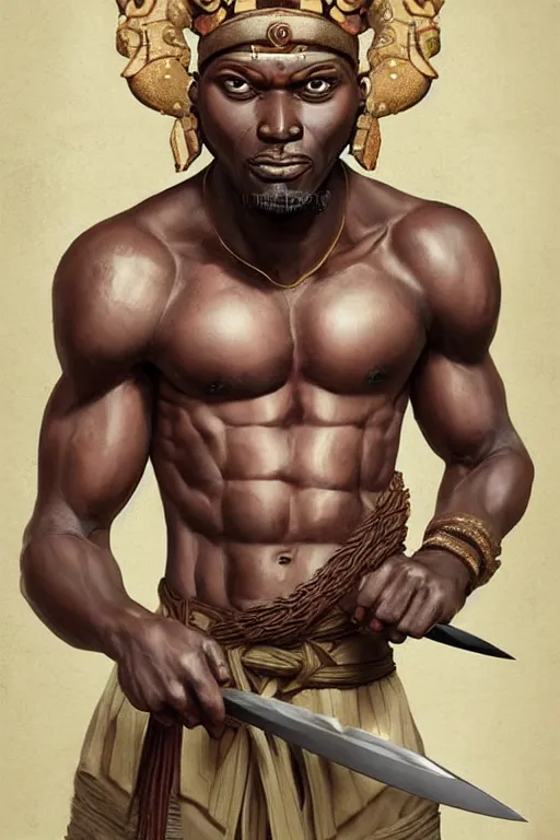 Image similar to Ogun and his knives, ancient orisha, African Warrior God of Craftsmen and Hunters, bronze-brown skin with masculine features - strong jaw line, bald head and menacing look, medium shot digital illustration trending on artstation by artgerm and raphaelite, face by wlop, detailed and concise