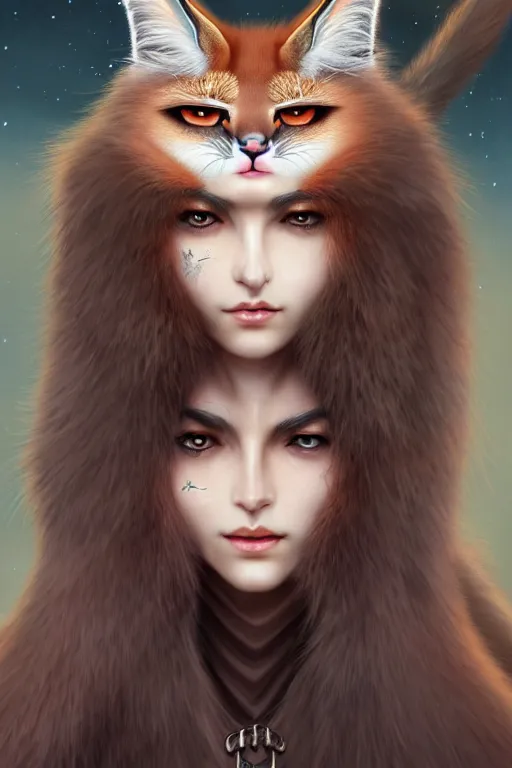 Image similar to beautiful ancient witch with cute caracal face uses fluffy fur magic, highly detailed, digital painting, artstation, sharp focus, illustration, art by tan zi and ayanamikodon and alphonse and wlop