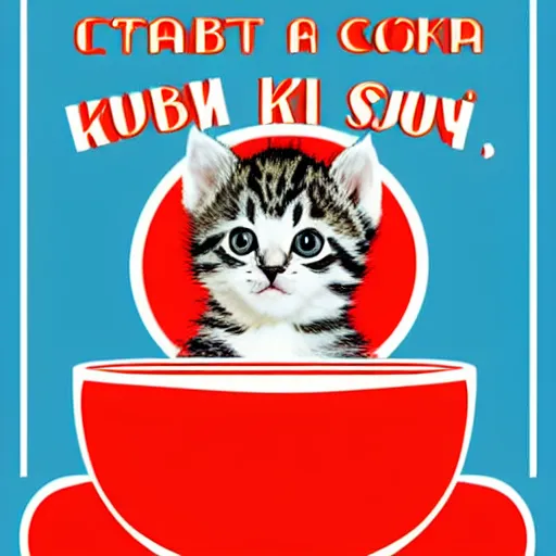 Prompt: baby kitten on a bowl of soup, soviet union poster propaganda