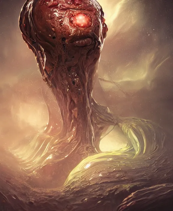 Image similar to portrait of a shining slime dripping abstract insect alien monster, slime, muscles, rippling slime, milky way environment, ultra realistic, concept art, intricate details, eerie, highly detailed, photorealistic, octane render, 8 k, unreal engine. art by artgerm and greg rutkowski and alphonse mucha