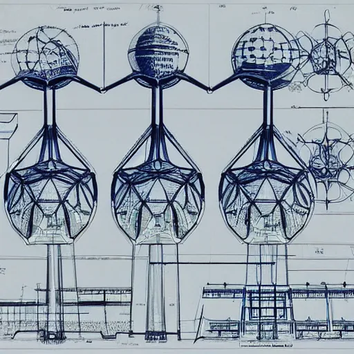 Image similar to blueprints of alternative designs of the atomium in brussels